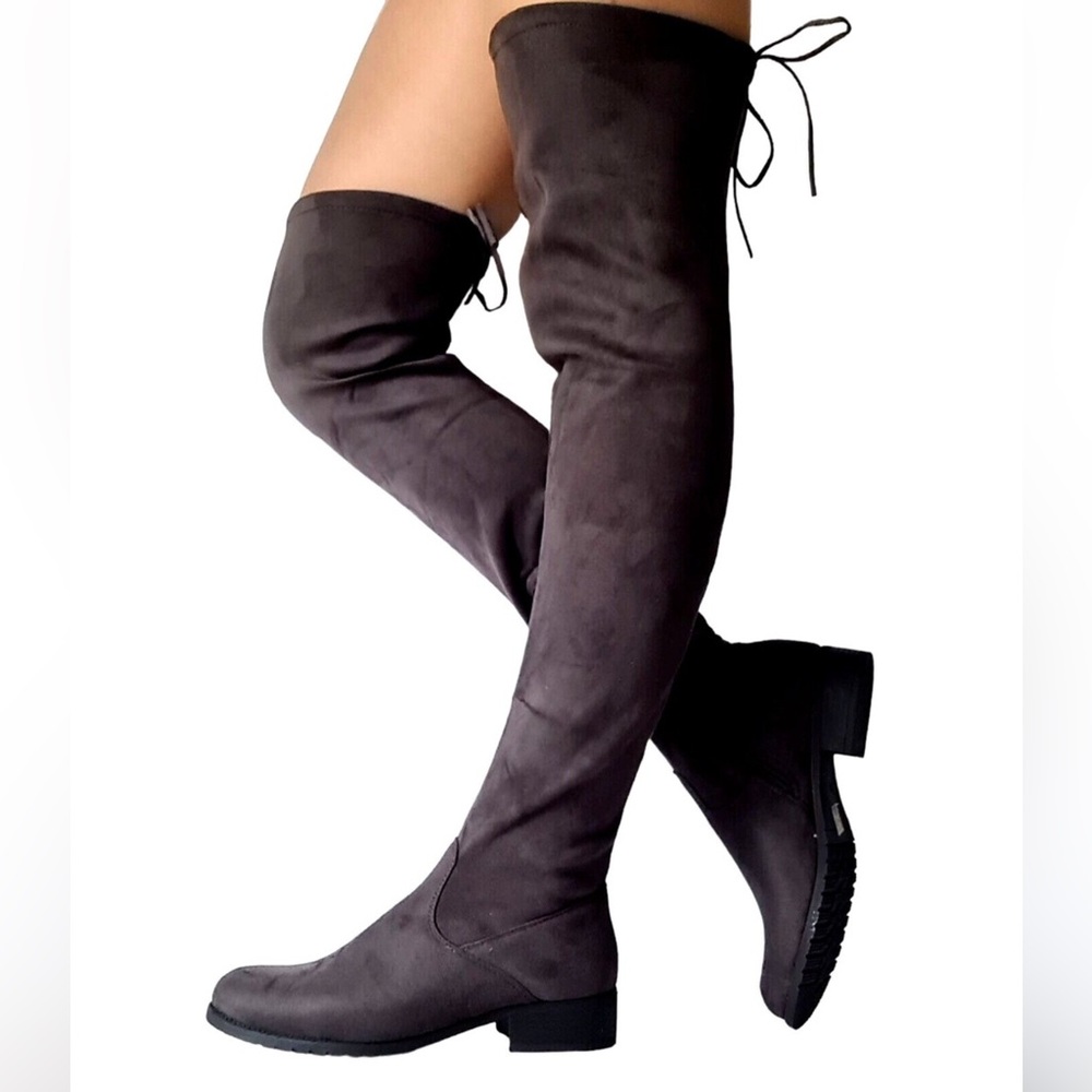 Over-the-Knee Pull on Low Heel Grey Boots with Tie top detail 6
